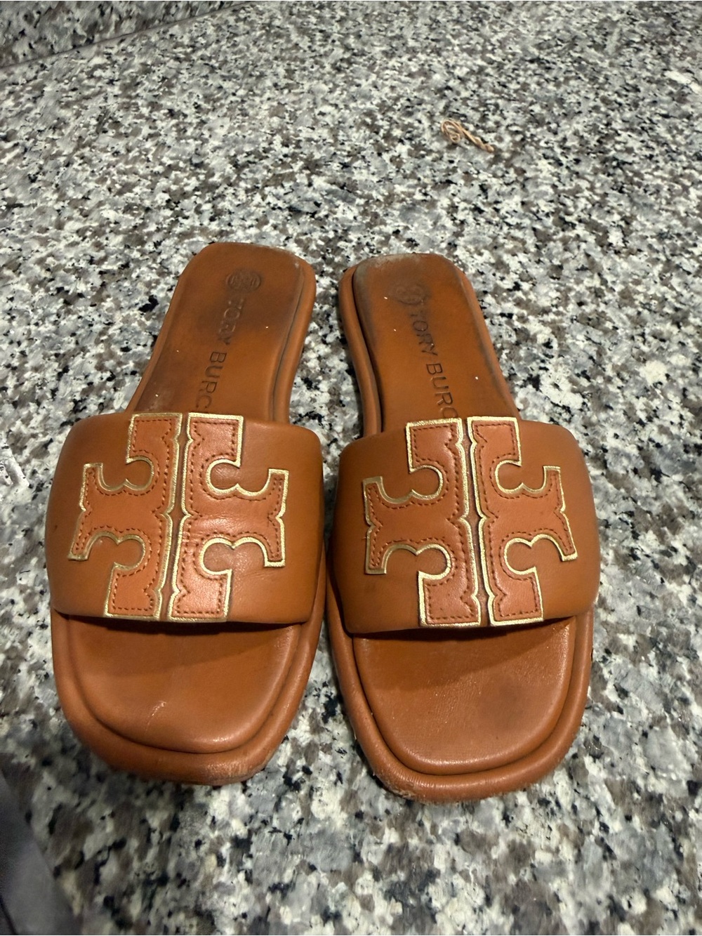 Tory Burch Brown Leather Logo Slide Sandals